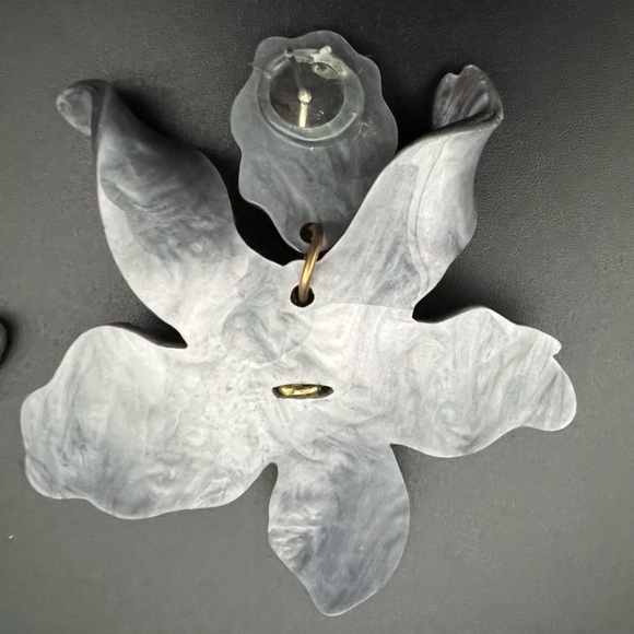 Grey Swirl Acrylic Flower Statement Earrings with Rhinestone Accents - Picture 3 of 4